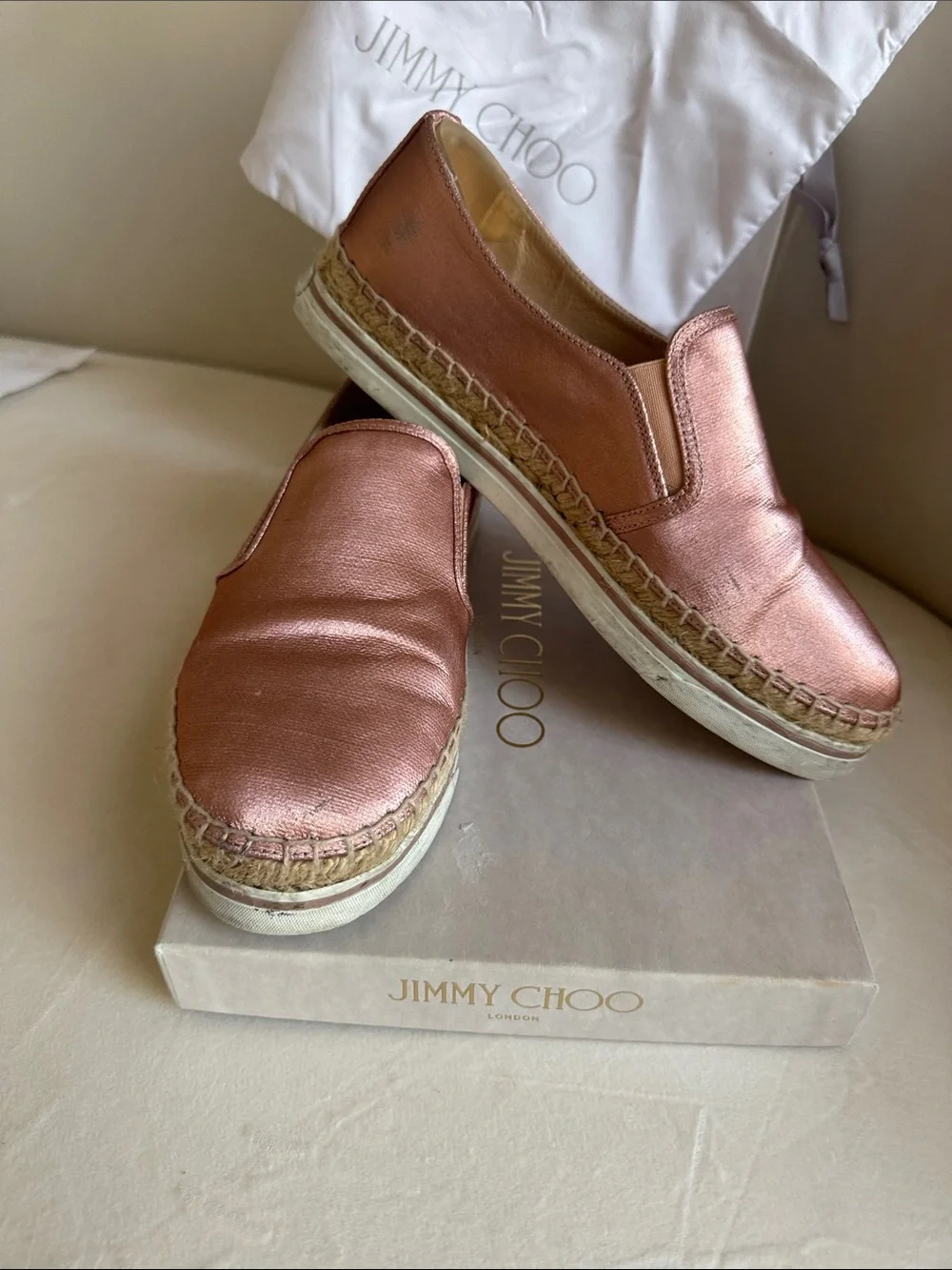 Jimmy Choo Rose Gold Espadrille Slip-On Flats